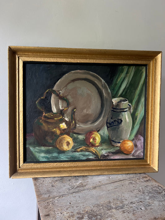 Large French Still Life Oil Painting with Copper Kettle