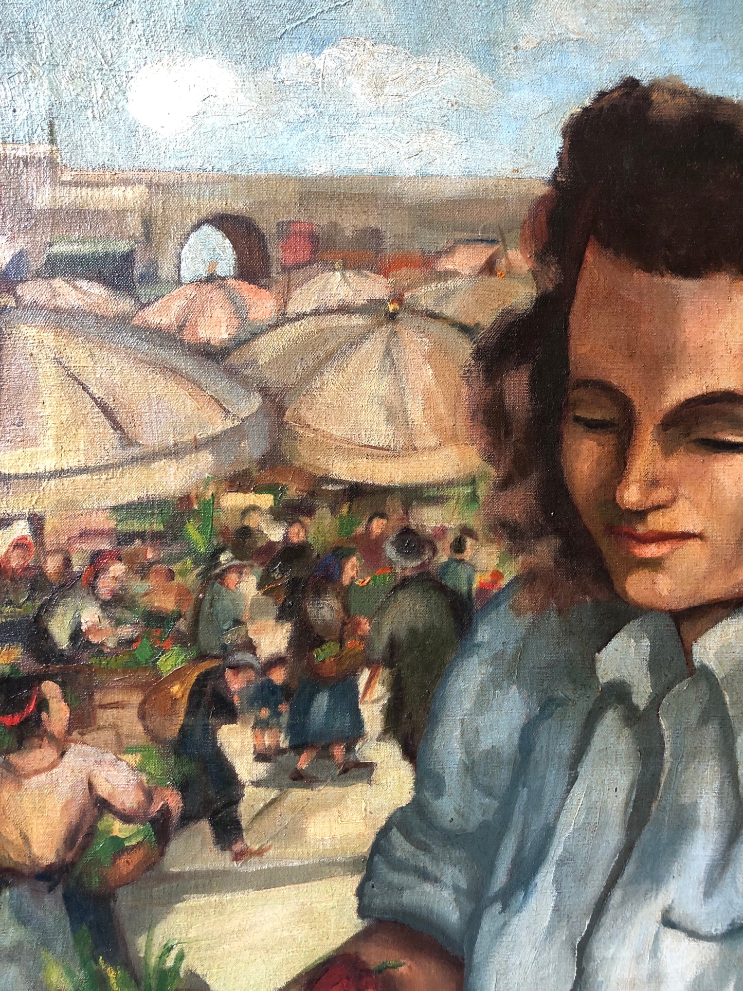 Large French Oil on Canvas Portrait Painting ‘Provence Market’ C1940