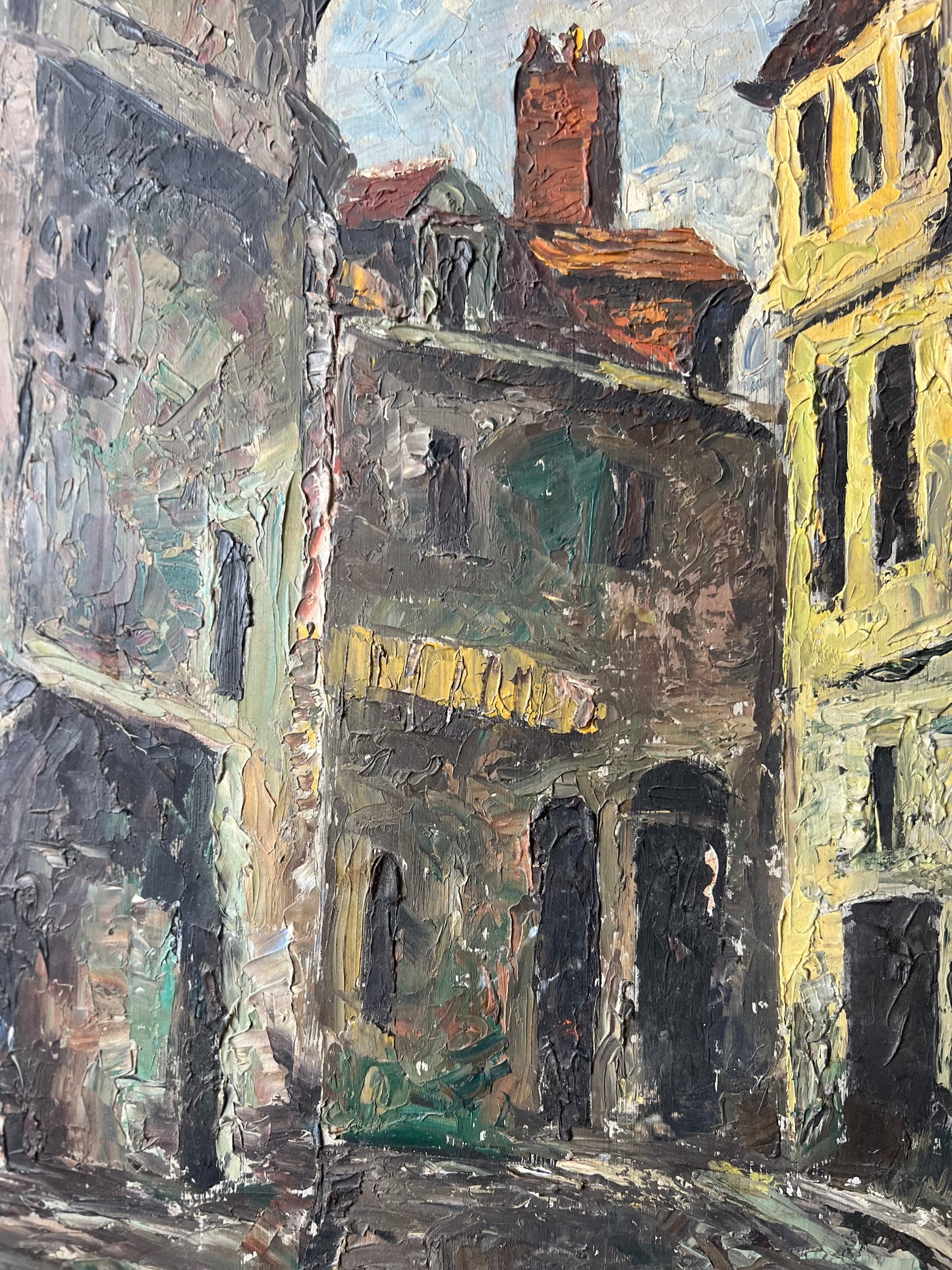 Large French Impasto Street Scene Oil Painting