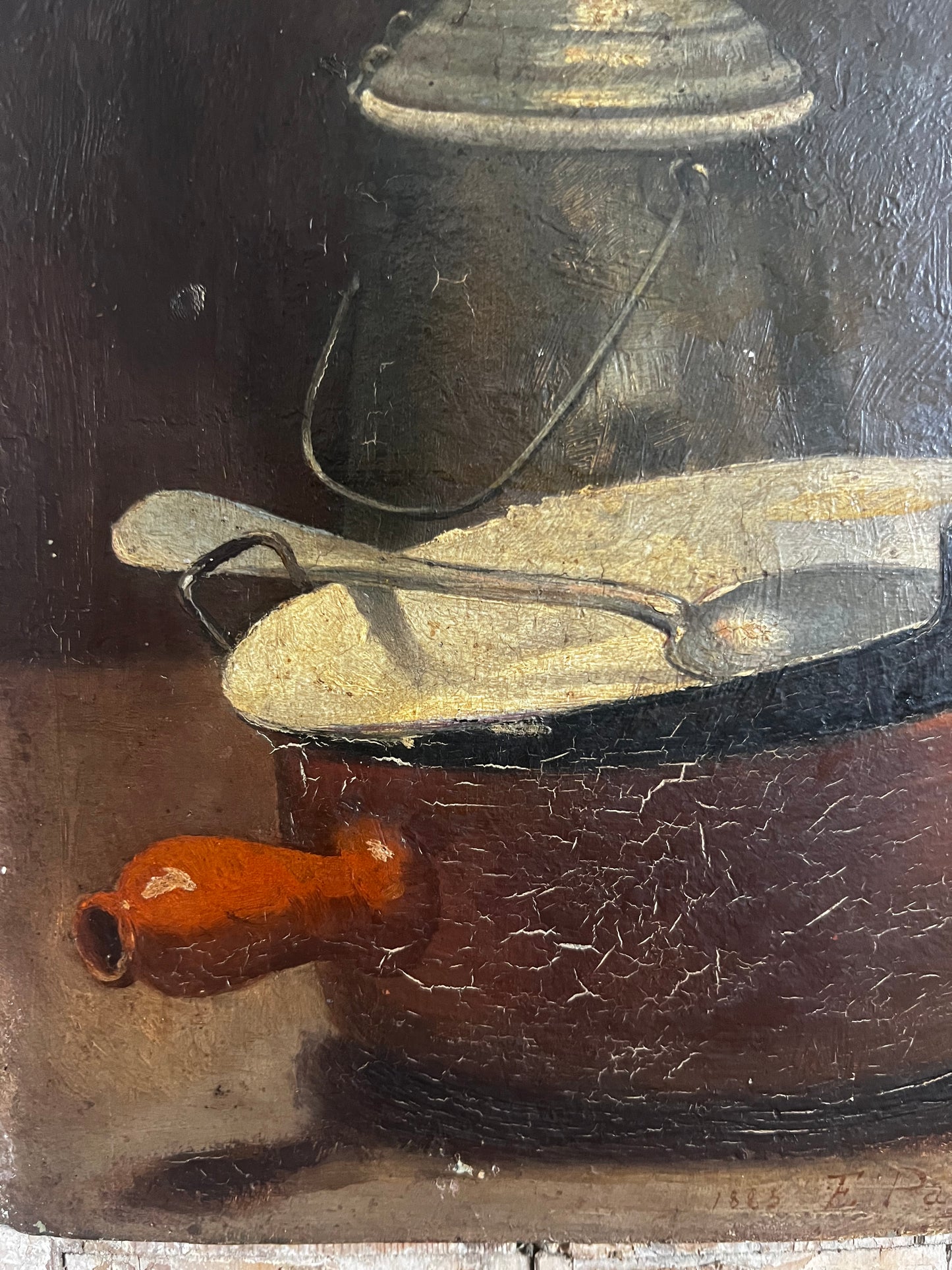 French 19th Century Oil Painting Kitchen Still Life by E Pagnoux dated 1885