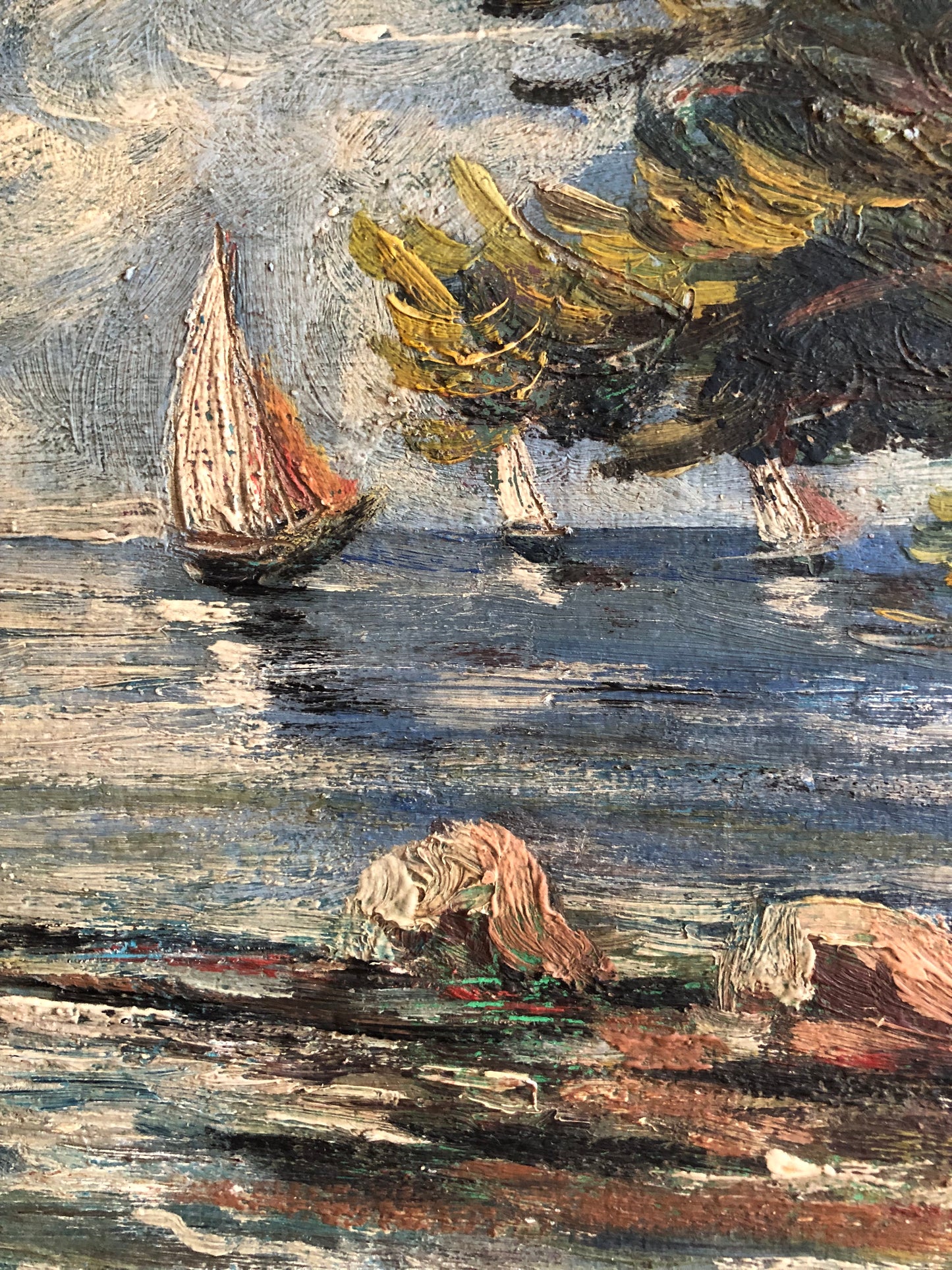 French 1930’s Oil on board seascape painting of Yachts on the Provence coast