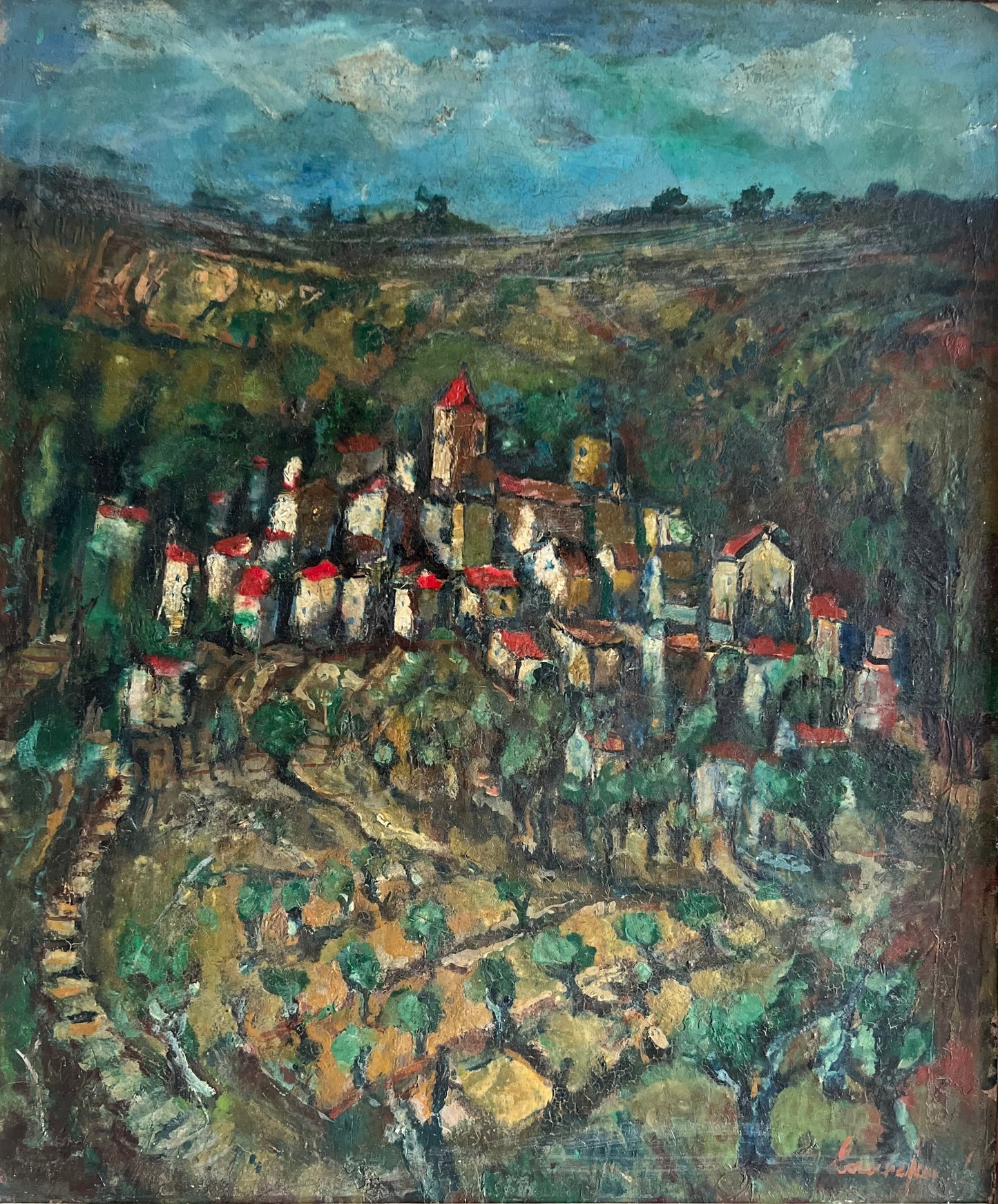 Large Provence Oil Painting of a Hilltop Village & Vineyard
