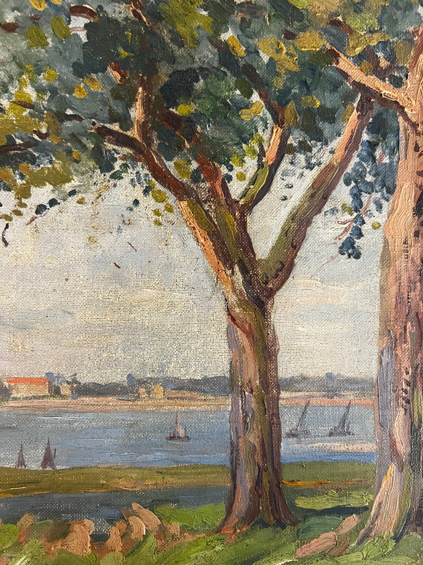 Pretty French Coastal Scene Oil on Canvas Painting