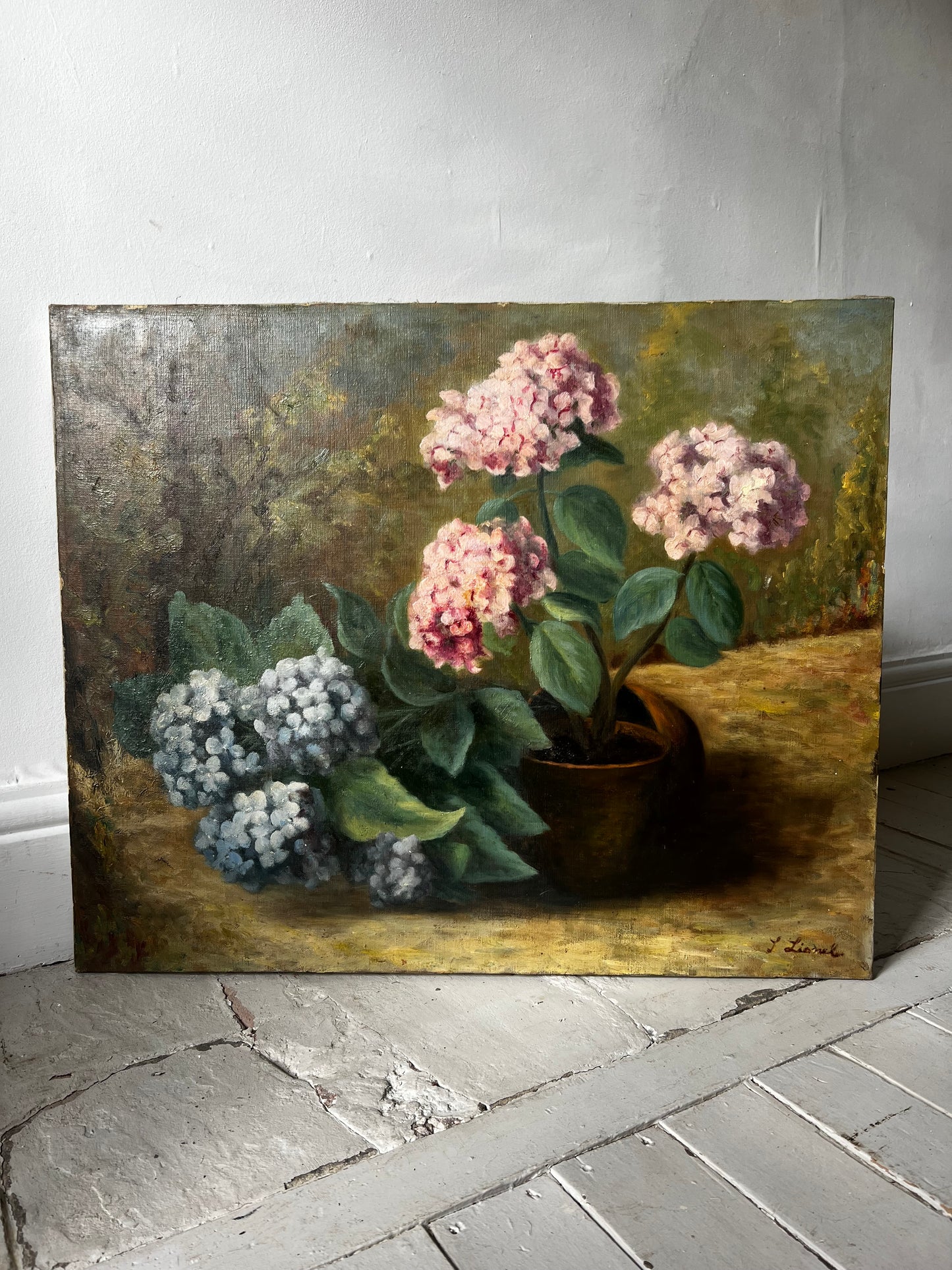 Large French Oil on Canvas Painting of Hydrangeas