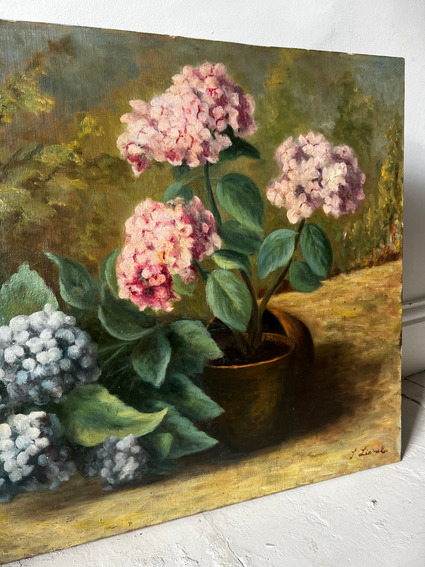 Large French Oil on Canvas Painting of Hydrangeas