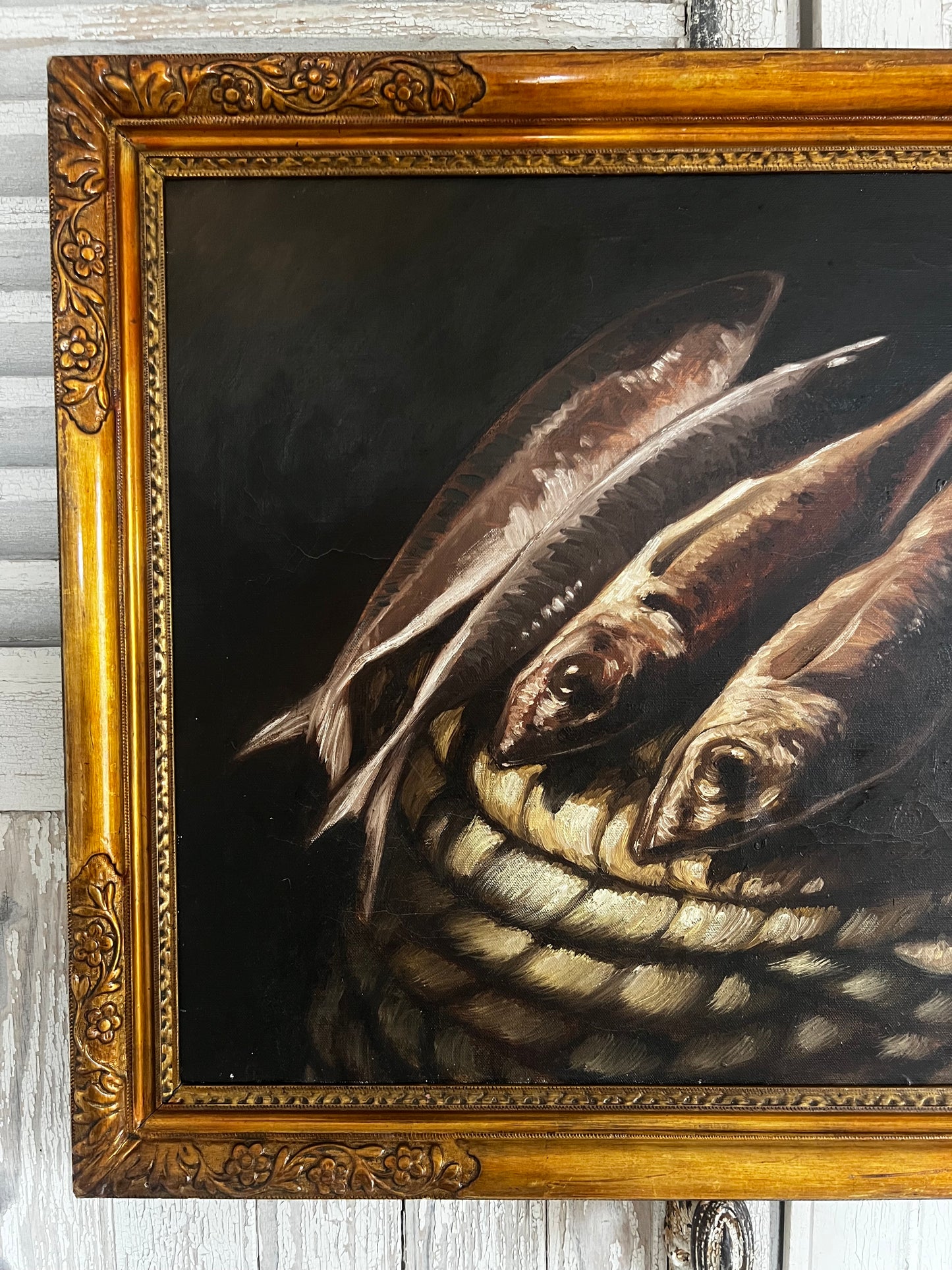 Large Vintage French Oil on Canvas Still Life Painting of Fish