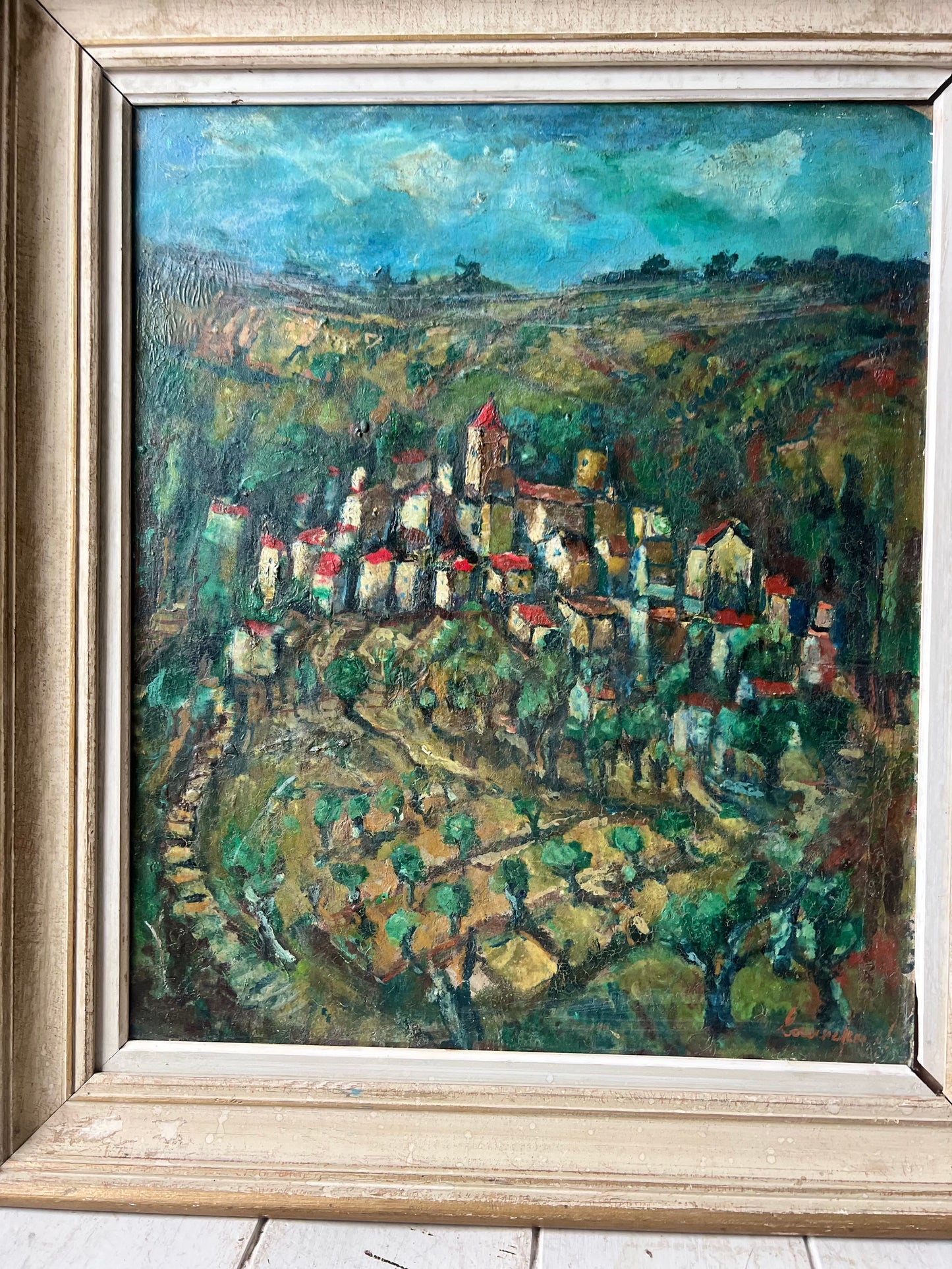 Large 1920’s Provence Framed Oil Painting of a village and vineyard