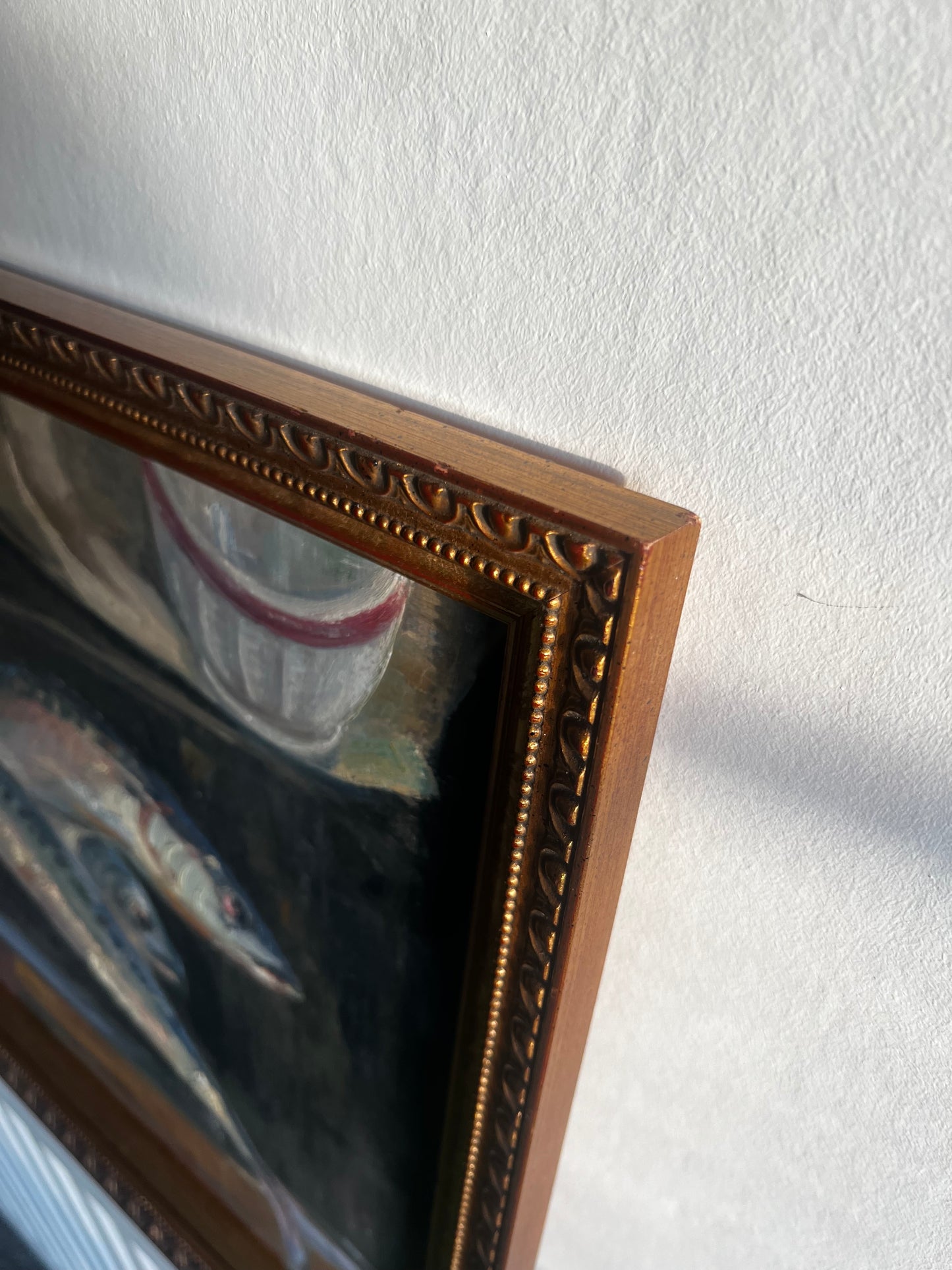 Vintage Mackerels & Lemon French Still Life Fish Oil Painting by J Mathieu 1955