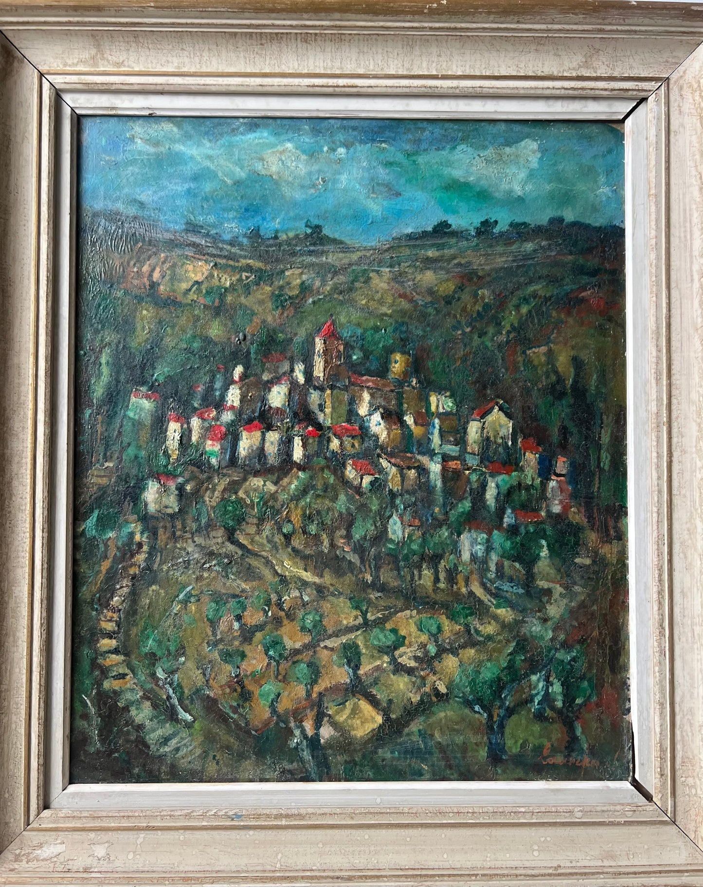 Large Provence Oil Painting of a Hilltop Village & Vineyard 1920