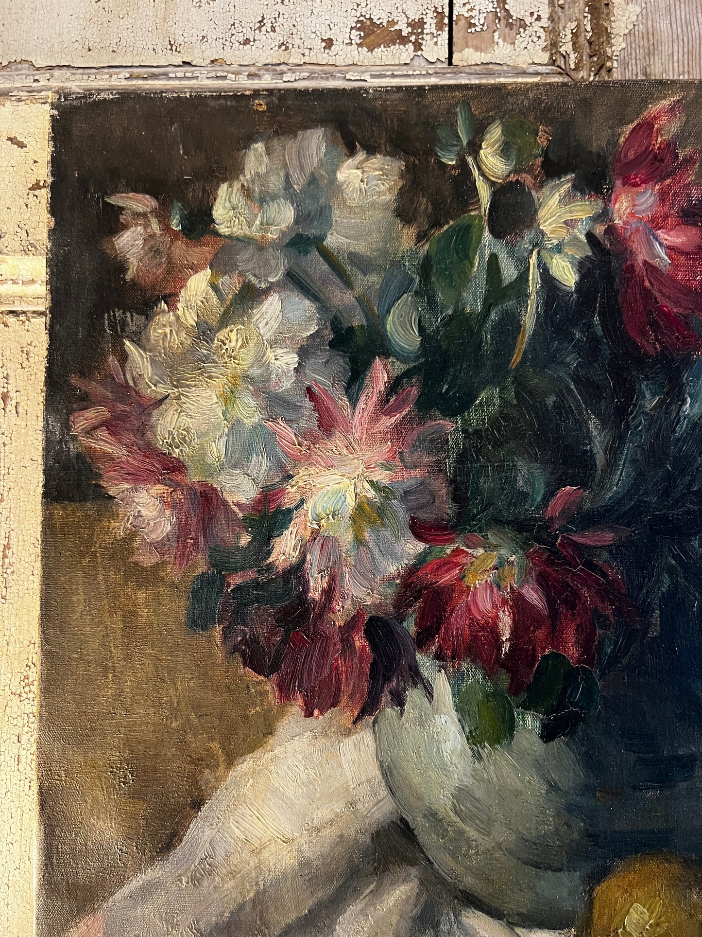 French 1930’s Still Life Oil Painting on Canvas Pears & Flowers