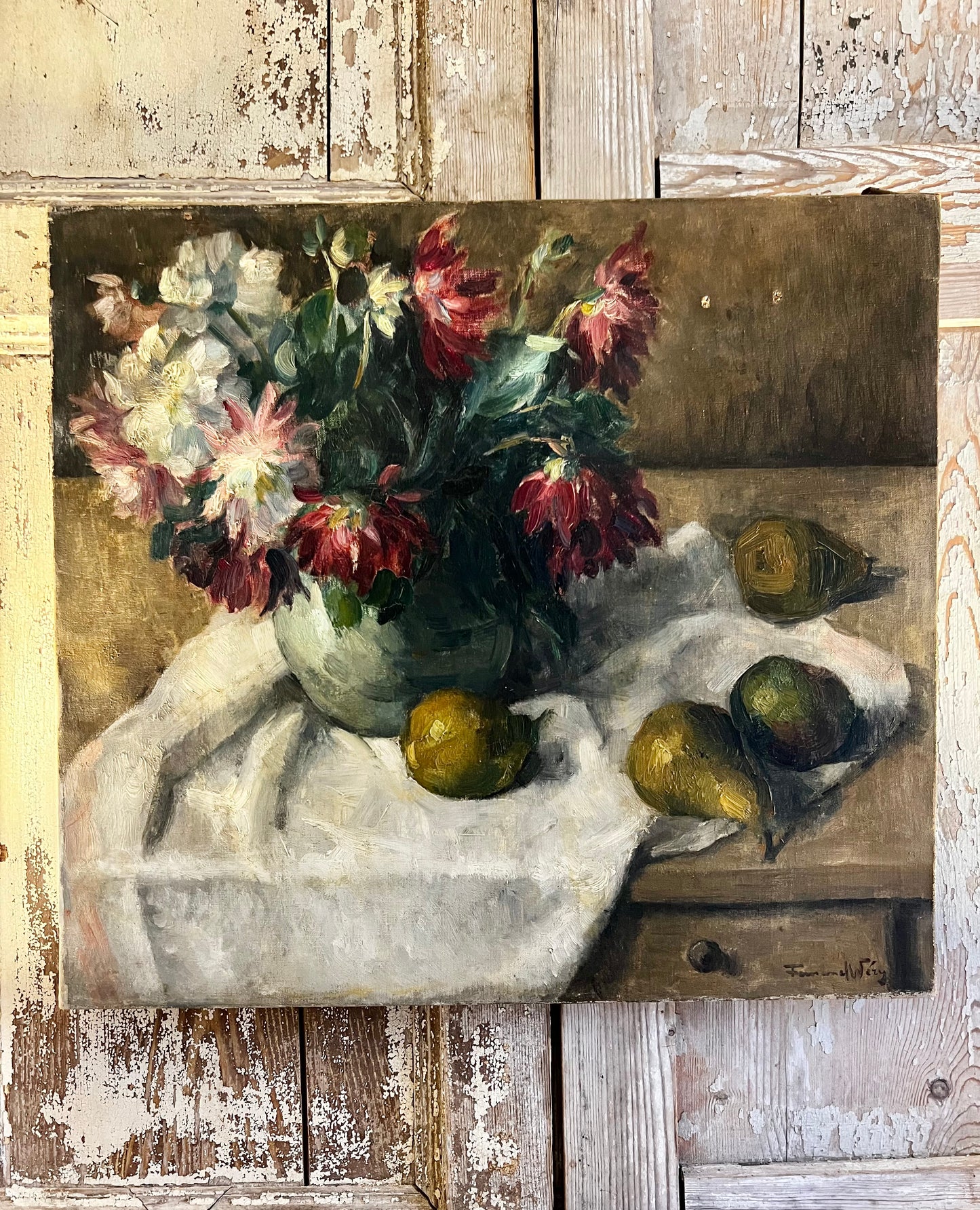 French 1930’s Still Life Oil Painting on Canvas Pears & Flowers
