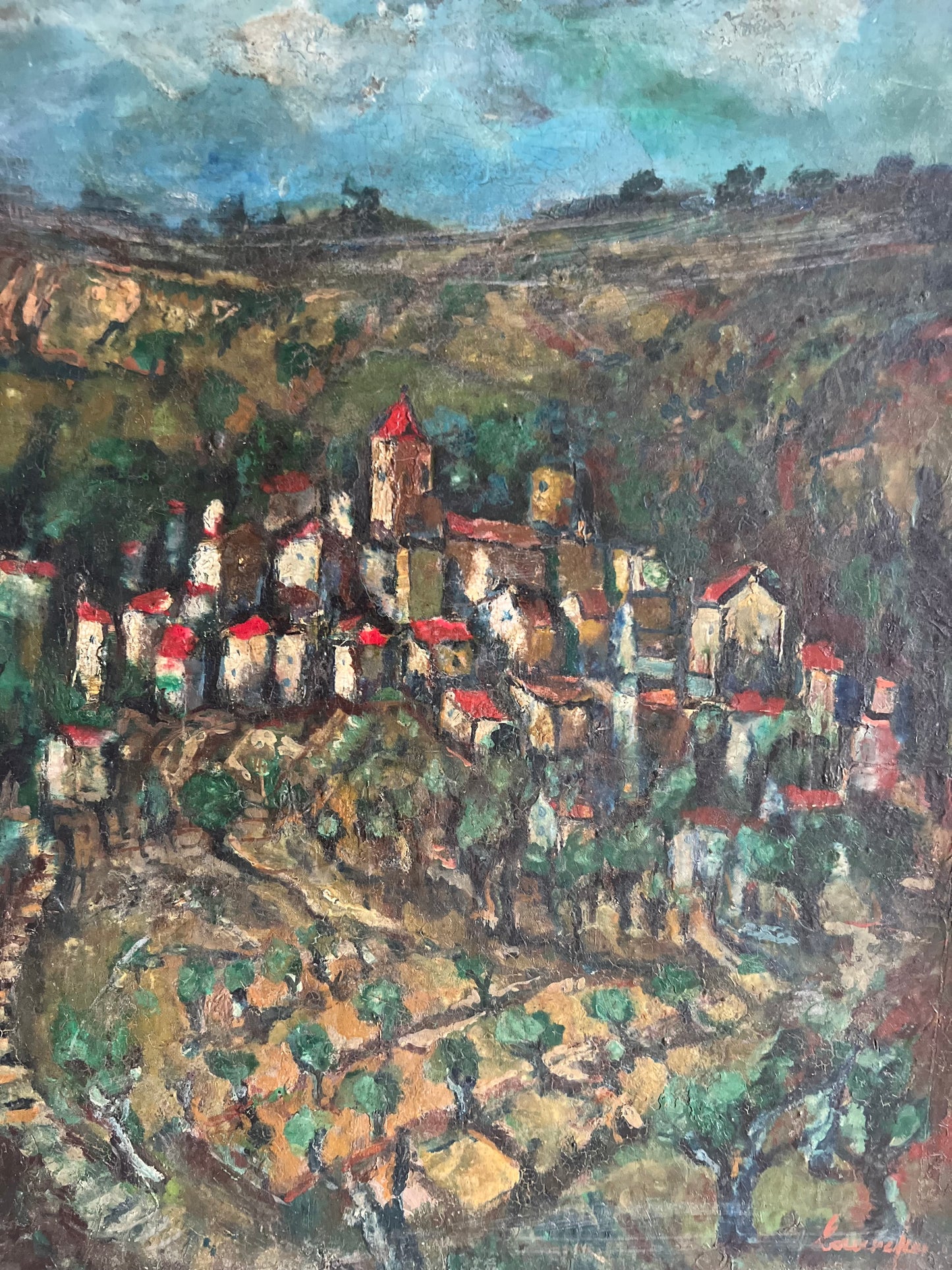 Large Provence Oil Painting of a Hilltop Village & Vineyard