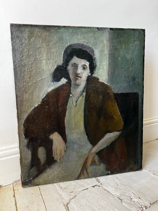 Large French Oil on Canvas Female Portrait