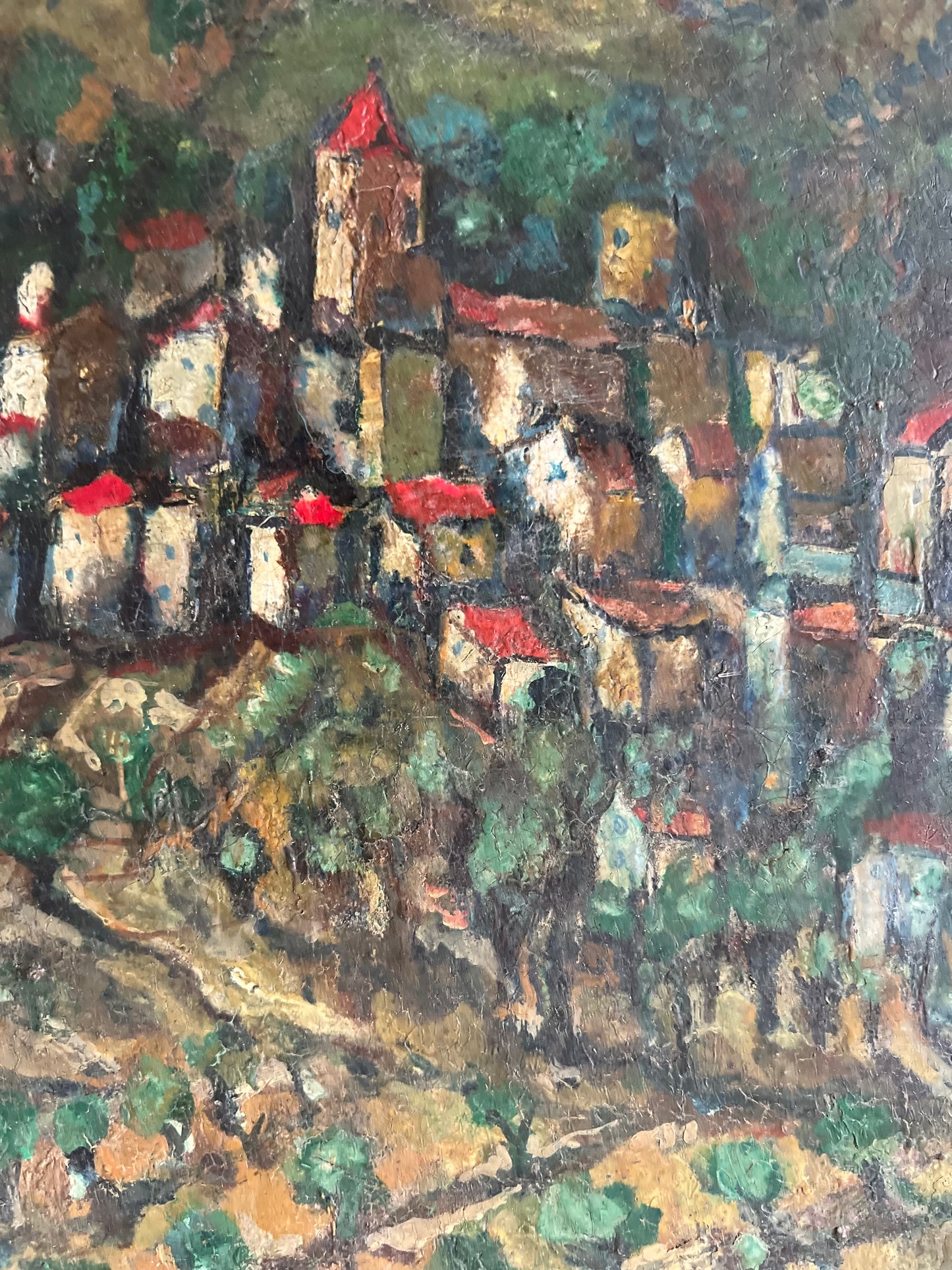 Large Provence Oil Painting of a Hilltop Village & Vineyard