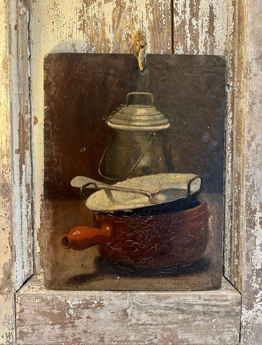 French 19th Century Oil Painting Kitchen Still Life by E Pagnoux dated 1885